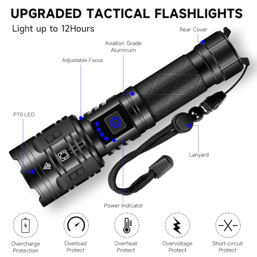 Rechargeable Flashlight High Lumens Tactical 5 Modes Adjustable Zoom Waterproof for Camping Emergencies lightessx