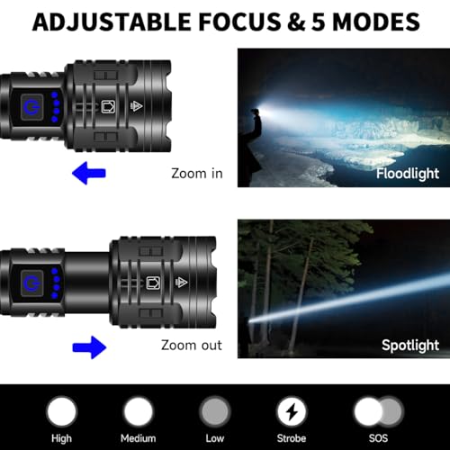 Rechargeable Flashlight High Lumens Tactical 5 Modes Adjustable Zoom Waterproof for Camping Emergencies lightessx