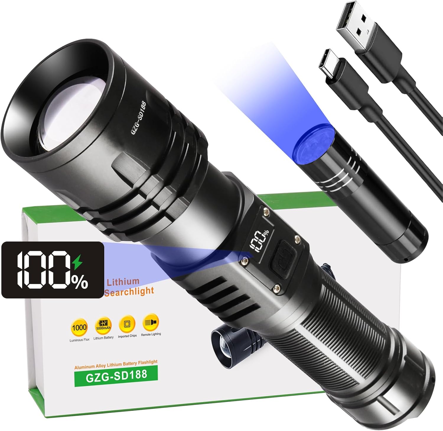 Rechargeable LED Flashlight 1000000 Lumens Super Bright Tactical Spotlight High Powered Waterproof Torch
